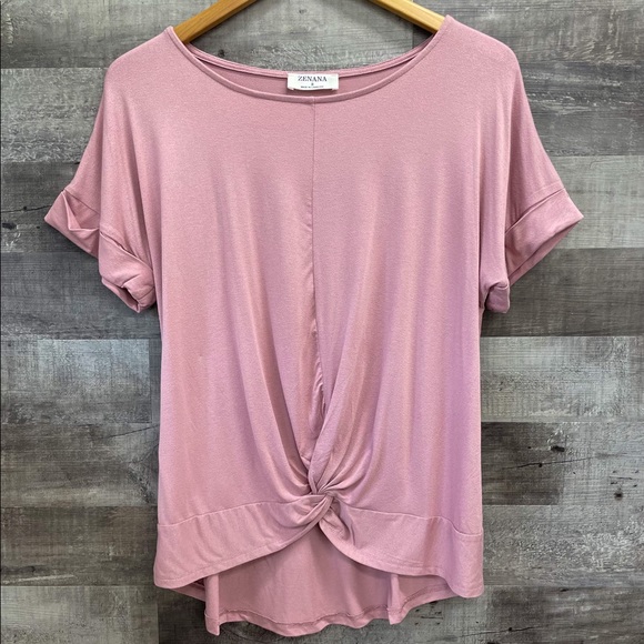 New Light Rose Cuffed Sleeve Knot Front Short Sleeved Tee Shirt Top Classy - Picture 1 of 1